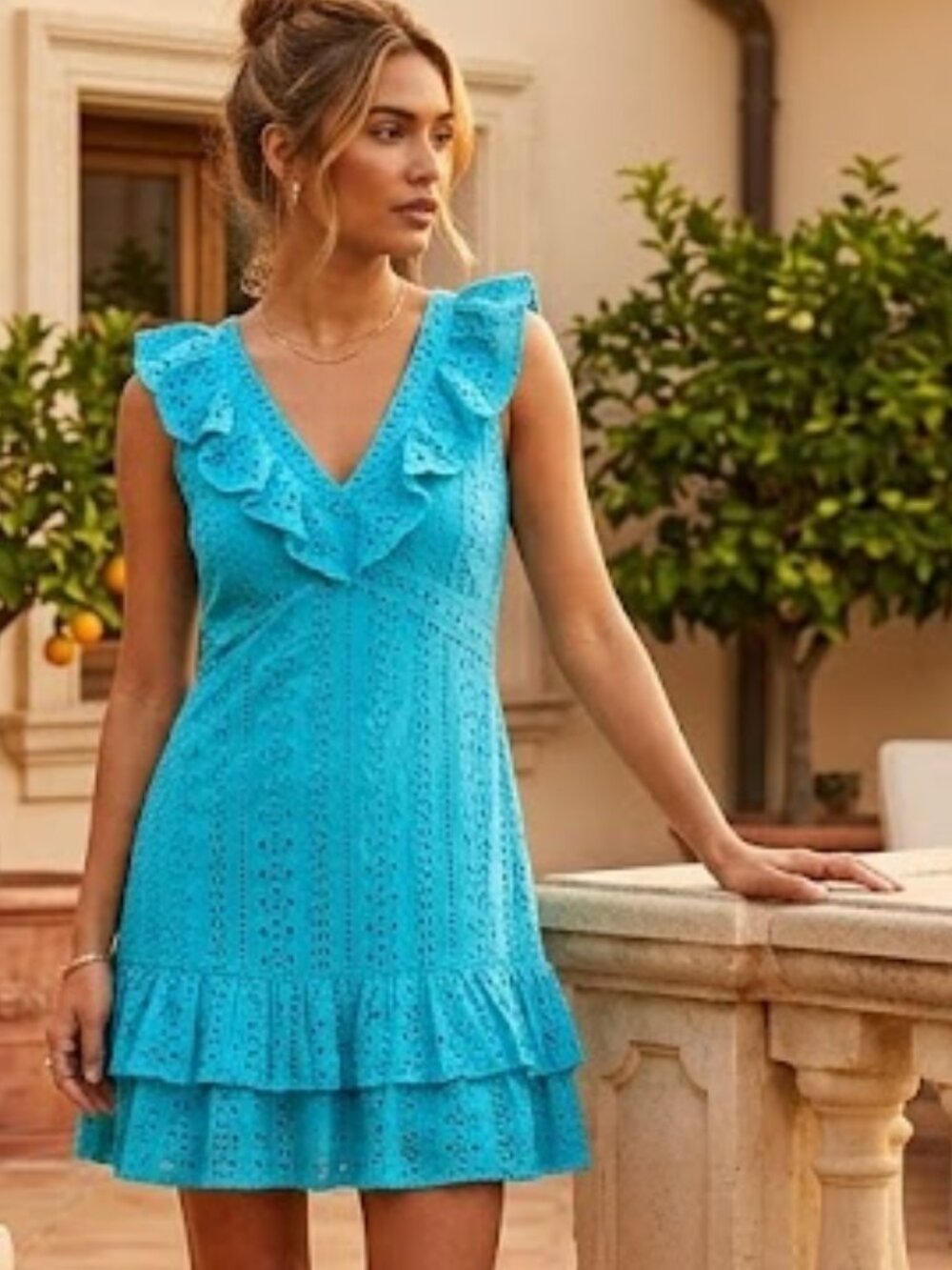 Alice + Olivia Turquoise Eyelet Ruffle Mini Dress NWT size 8